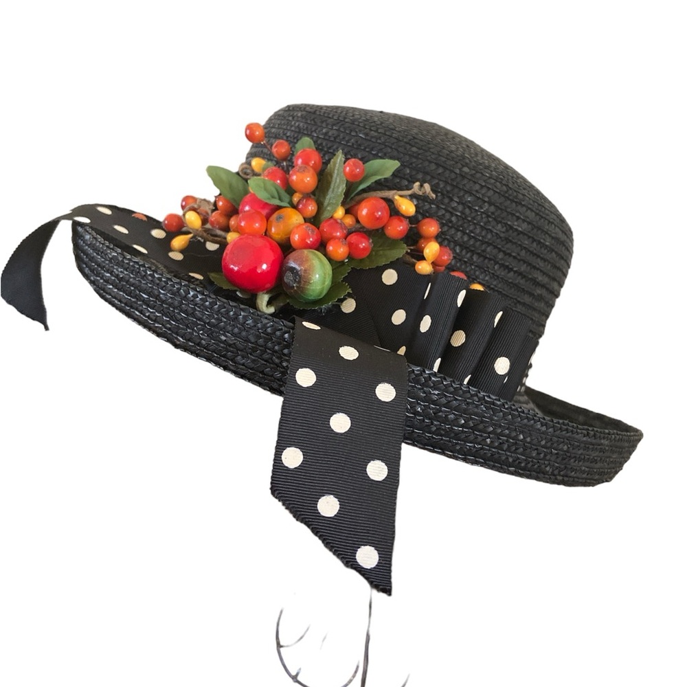 Black Straw Hat Polka Dot & Berry Trim Kentucky Derby Church Tea Party Vacation